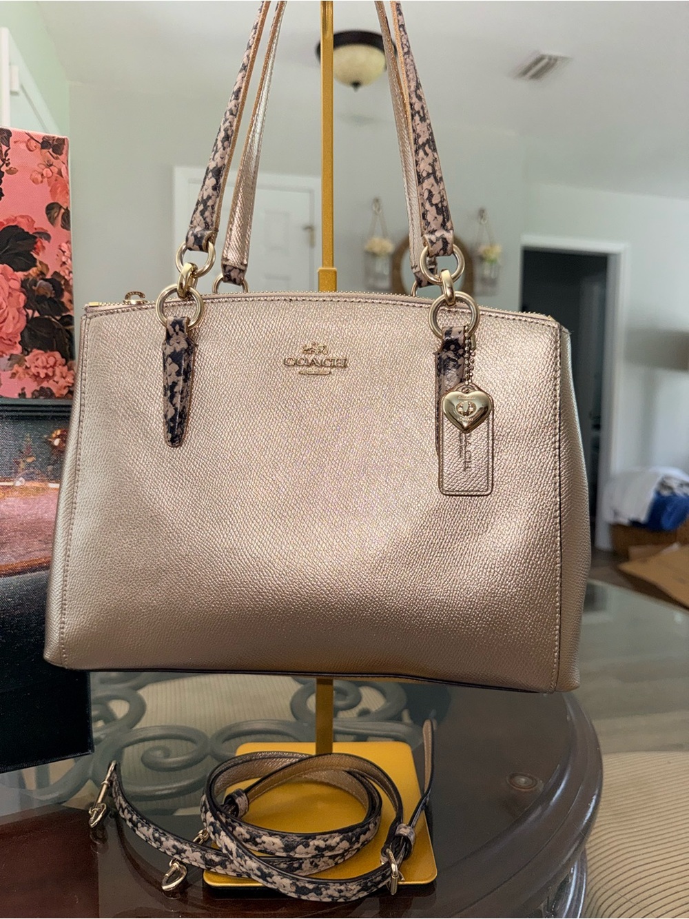 COACH Metallic champagne Gold Satchel with Snake-Print missing one zipper pull - Picture 3 of 12